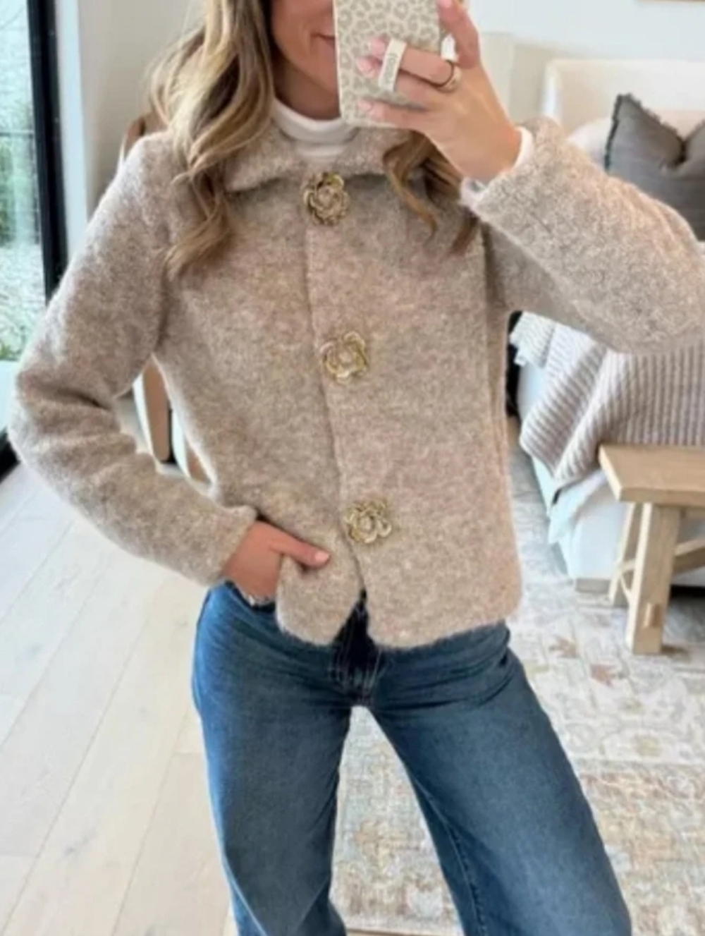 ZARA FAUX FUR KNIT CARDIGAN WITH FLOWER BUTTONS Size S - Picture 5 of 11
